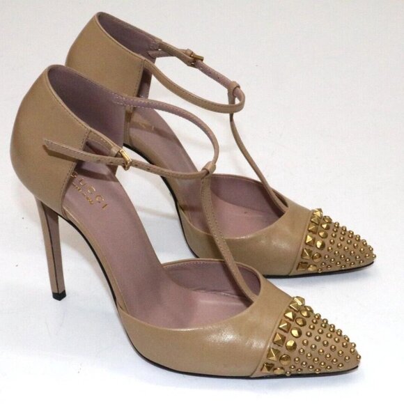 Gucci Leather Coline Studded T Strap Pumps IT 37 US 7 - Beige - Picture 2 of 15